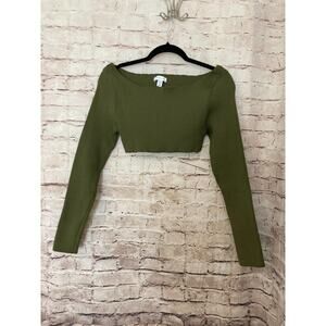 Topshop Shirt Womens 8 Olive Green Cropped Ribbed Textured Ultra Stretch
